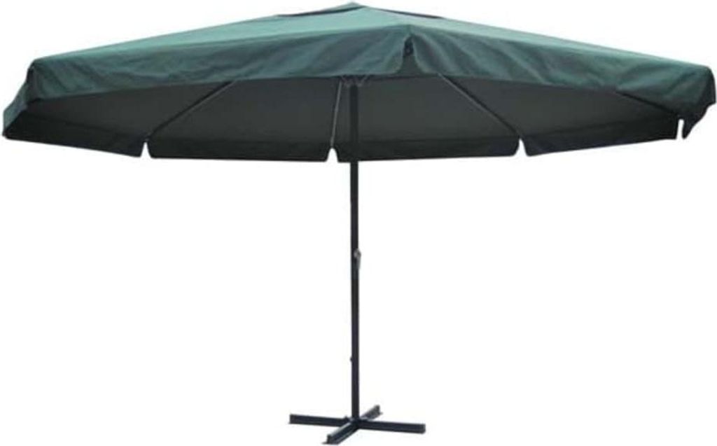 A green umbrella with a black pole and base, isolated on a white background.