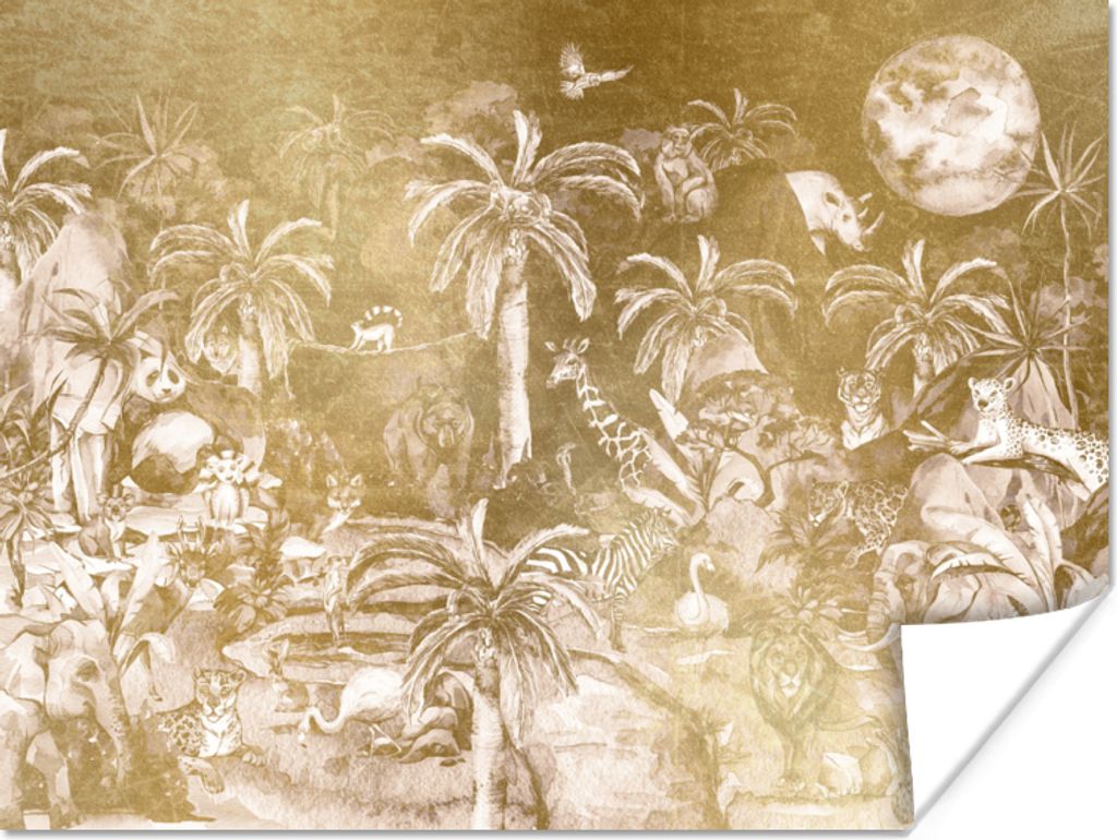 MuchoWow Poster Dschungel - Gold - Kinder - Pflanzen - Tiere 40x30 cm - Plakate für die Wände - Poster Wohnzimmer