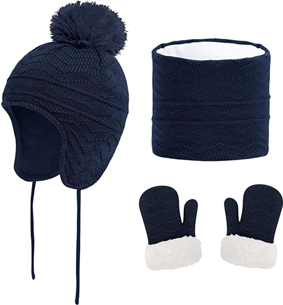 S- Mütze Schal Handschuhe Set Kinder - Winter Schalmütze Mädchen Handschuhe Strickmütze Baby Plüsch Innenfutter Wintermütze Schal Warm Beanie...