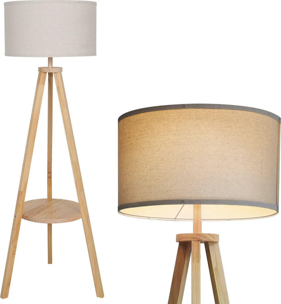 Lampadaire Design Bois E27 avec Interrupteur Pied et Tablettes Beige