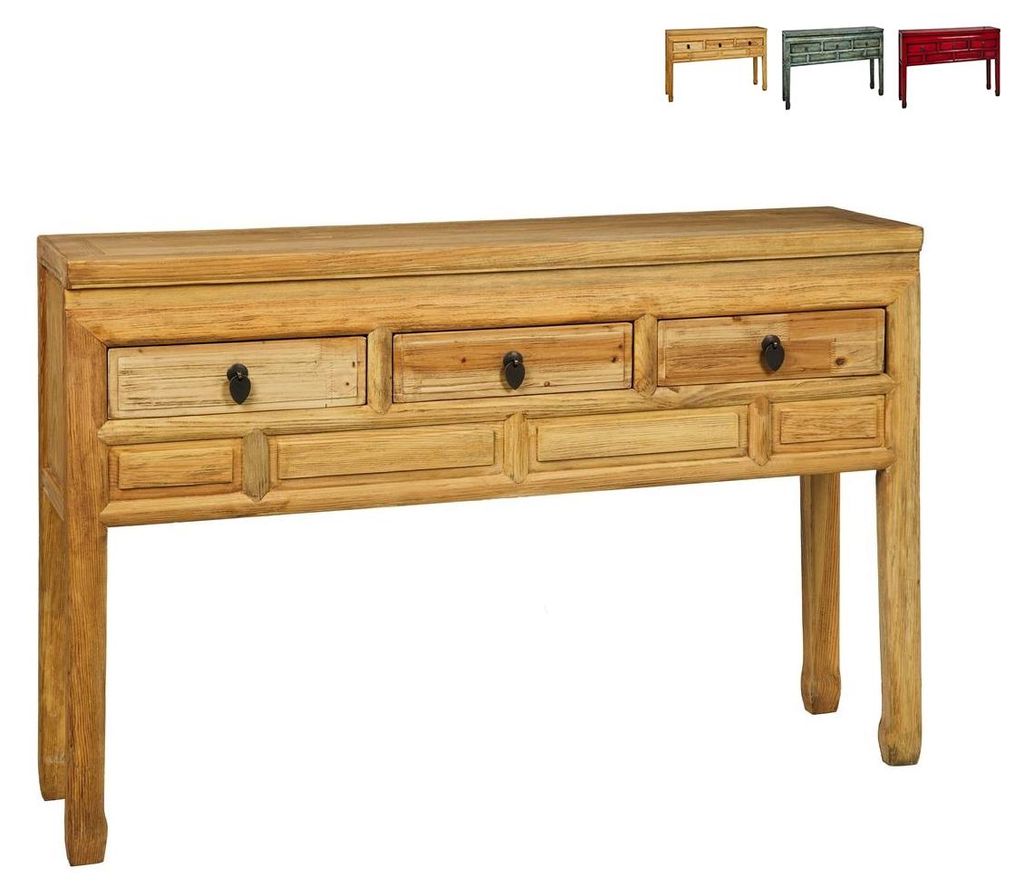 Holzkonsole mit 3 Schubladen im orientalischen Stil 128x30x88 Ningbo - Natur