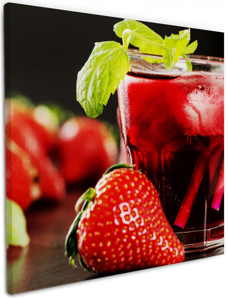 Wallario Premium Leinwandbild Erdbeer-Mojito - Frische Erdbeeren in Größe 50 x 50 cm