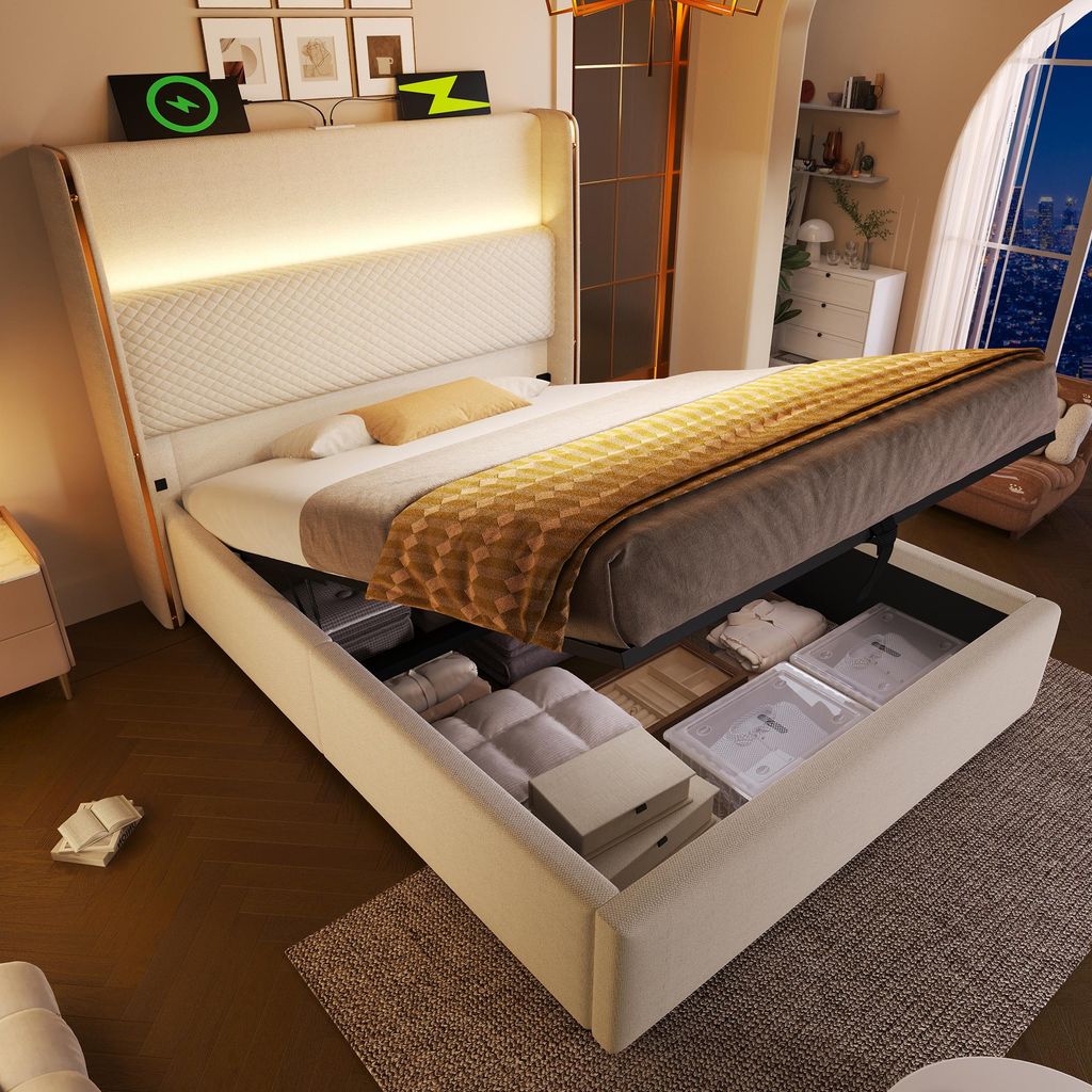 okwish Polsterbett 90x200 Stauraumbett mit Hohem Kopfteil und Bettkasten,Bettgestell ohne Matratze,Einzelbett mit LED-Beleuchtung und Ladeanschlüs...