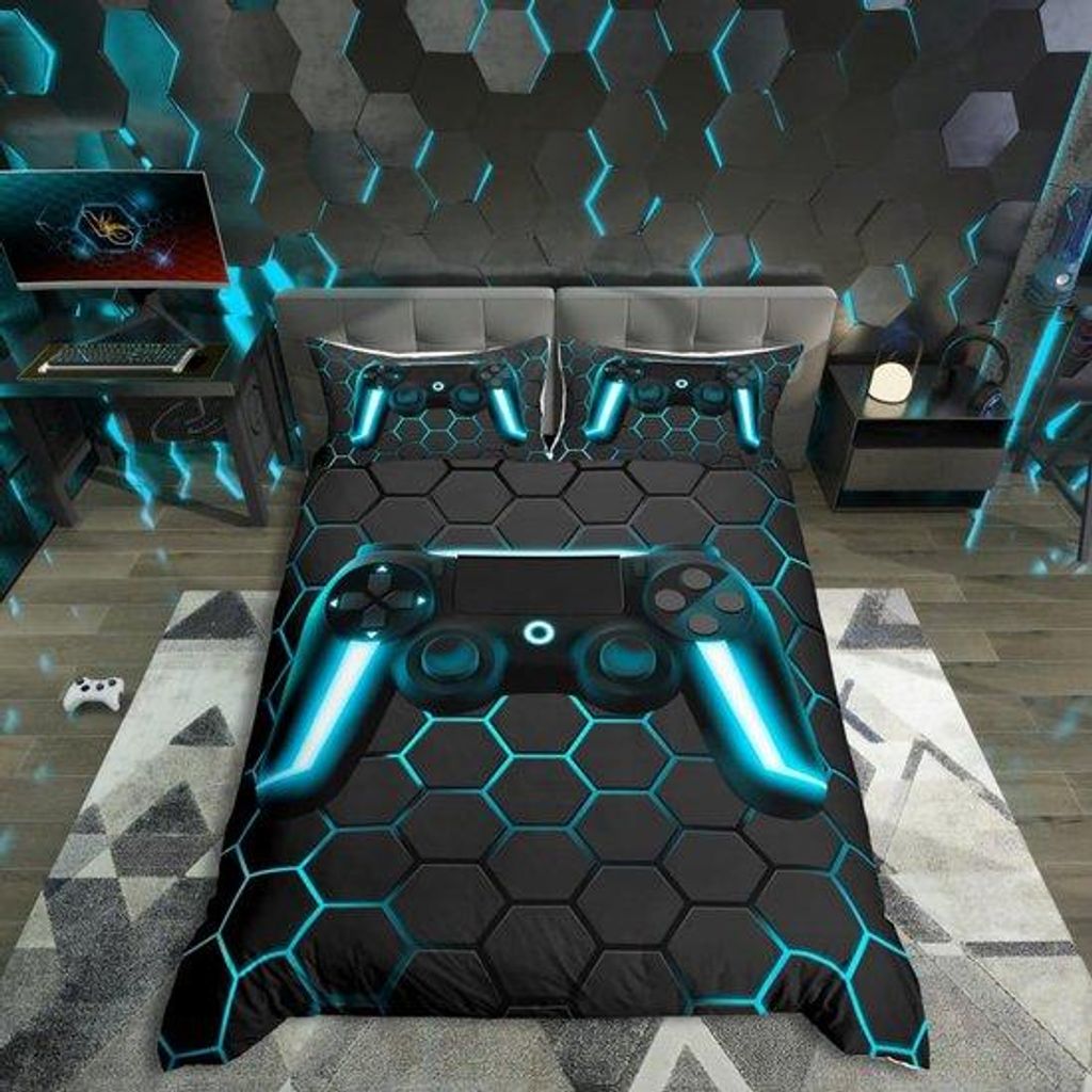 Unyqoos Bettwäsche-Set für Jungen mit Gamepad-Controller und geometrischem Design, 155 x 220 cm, zweiteilig