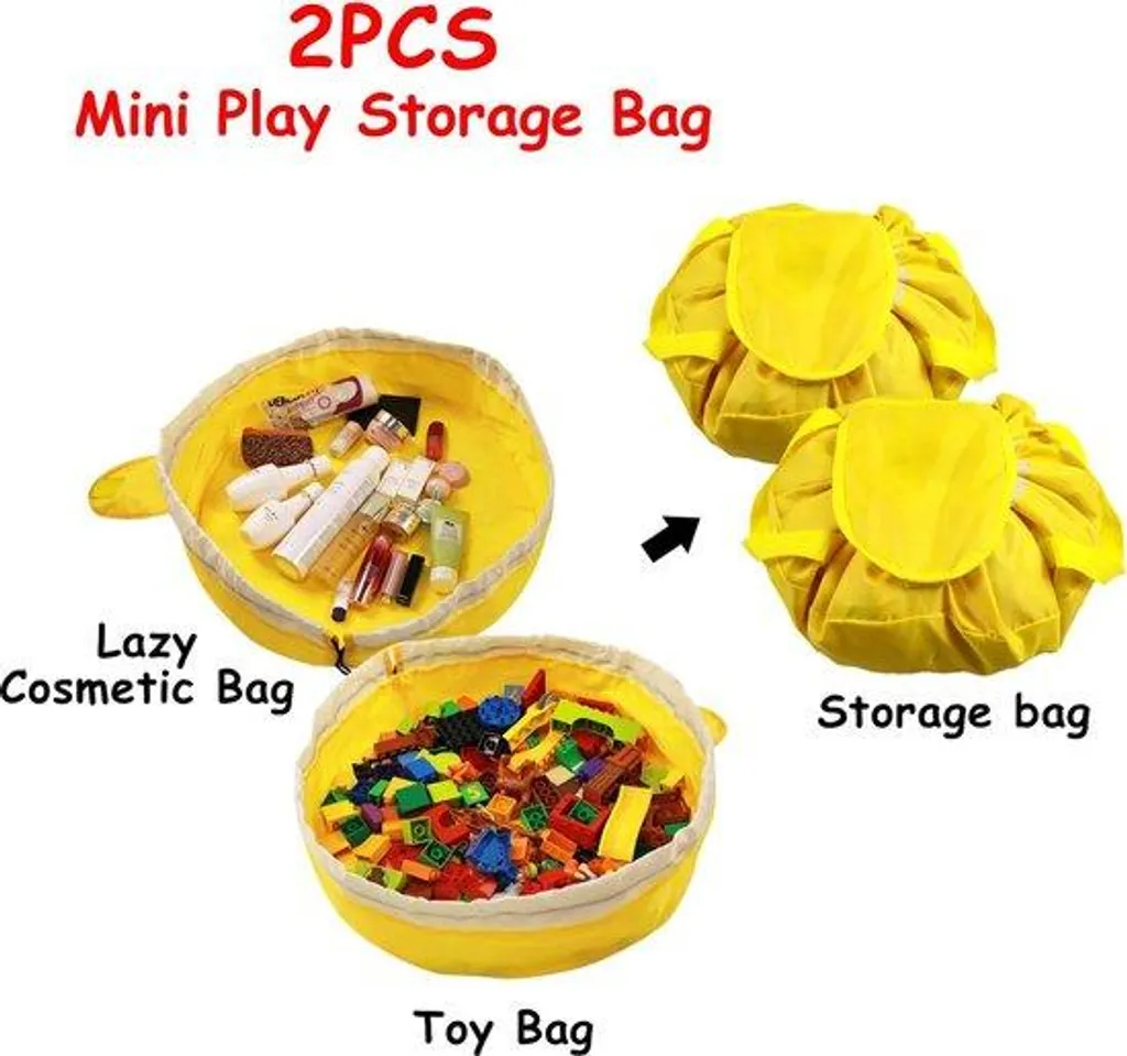Fini les briques éparpillées avec ce mini sac à jouets jaune lot de 2