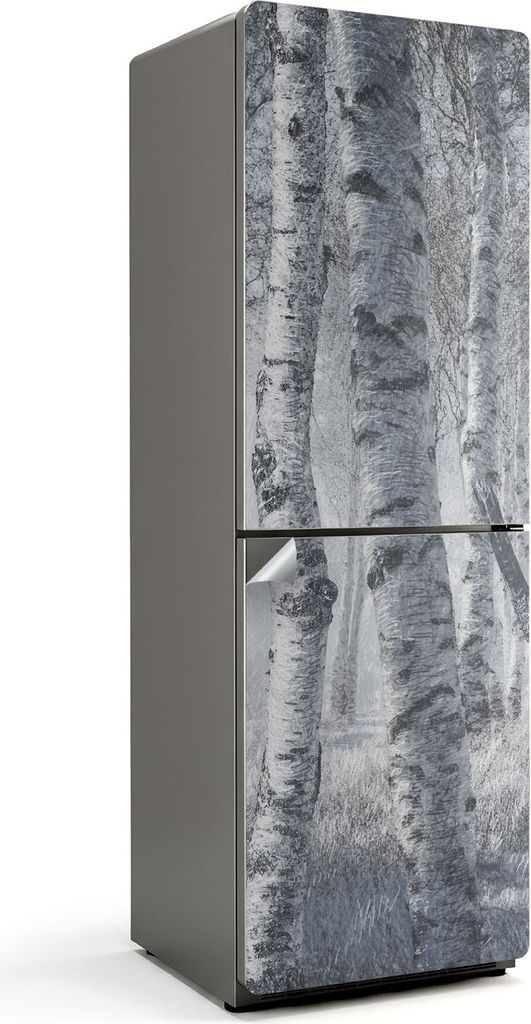 Nebliger Birkenwald – Kühlschrank Aufkleber – Klebefolie Kühlschrank – Kühlschrank Dekor – Kühlschrankfolie selbstklebend – Küchen D...