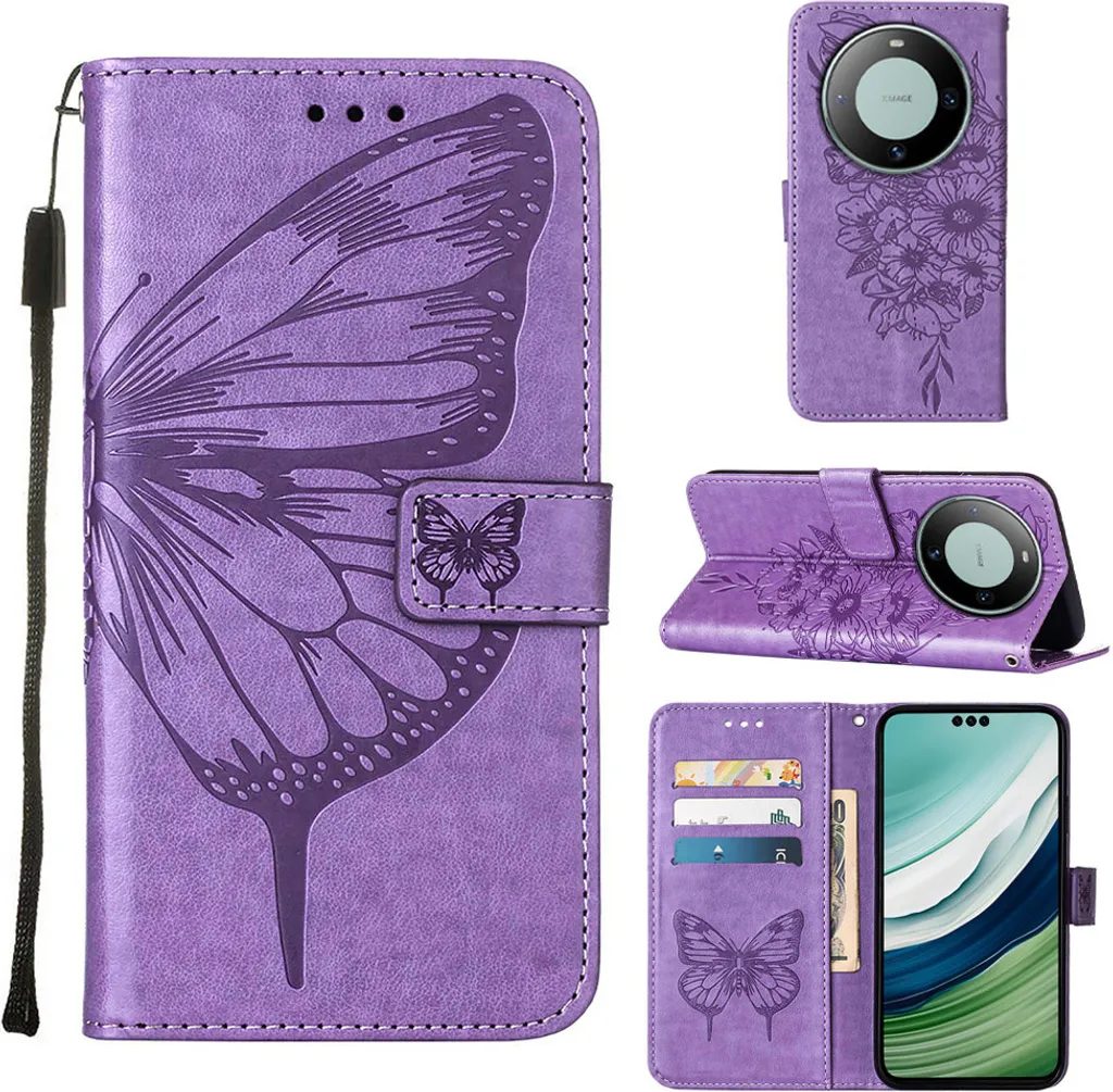 Custodia Huawei Mate 60 Pro Viola Farfalla in Rilievo Pelle Premium