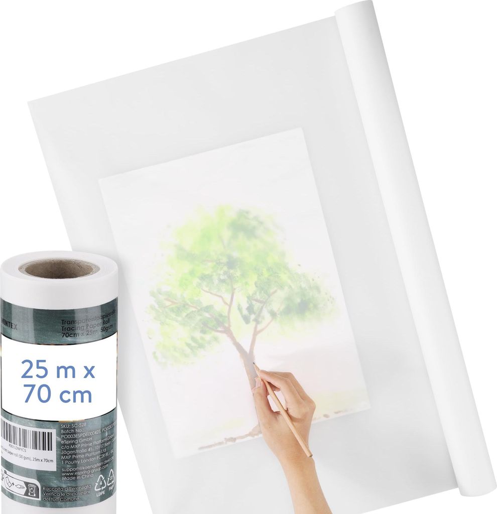 WINTEX Transparentpapier Rolle - Pauspapier 25m x 70cm - Schnittmusterpapier 50g/m² - Architektenpapier - Abpauspapier weiß transparent - Malpapier
