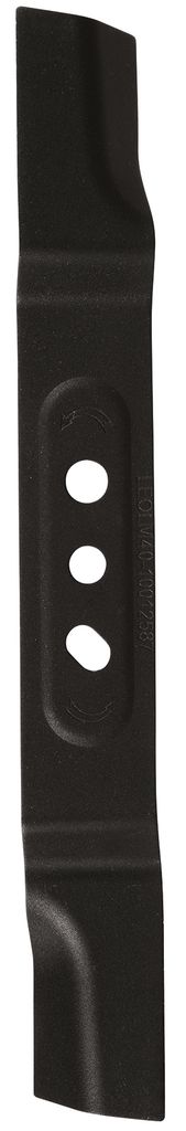A black lawnmower blade is shown against a white background.