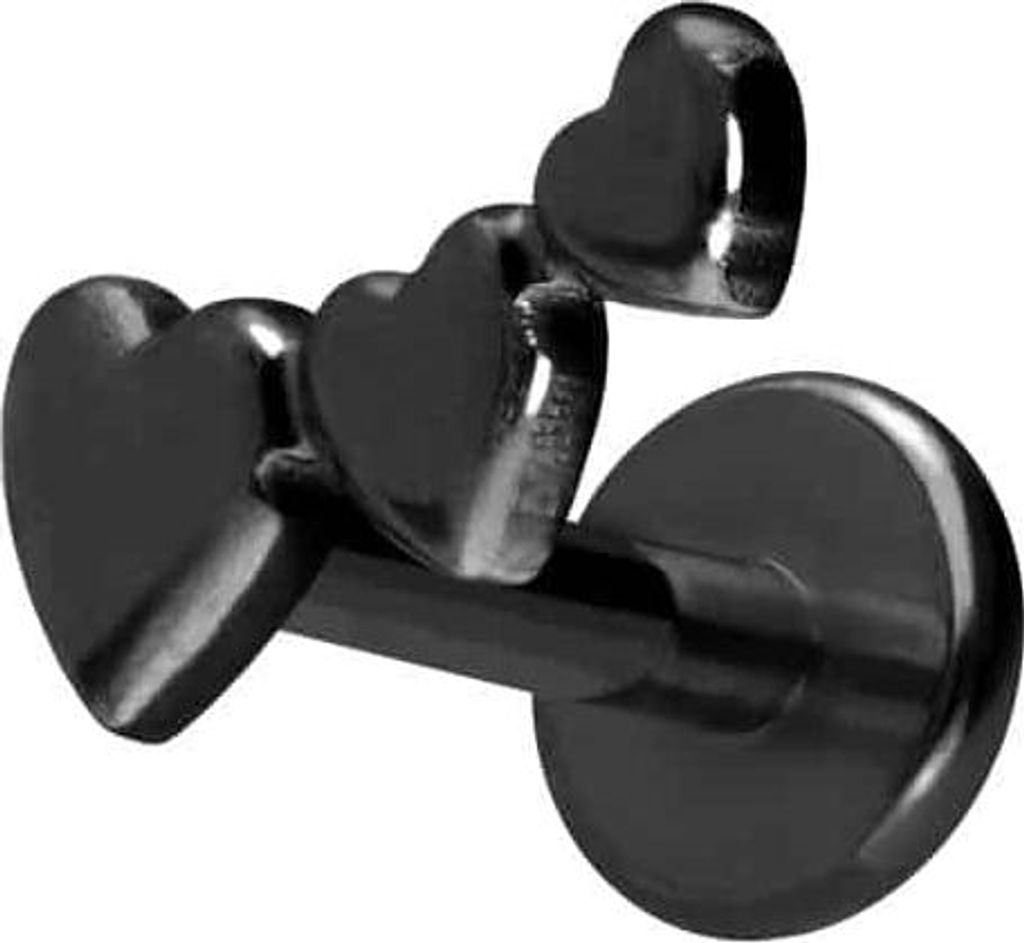 Ohrpiercing, Nasenpiercing Titan Labret mit Push Fit 3 HERZEN Schwarz Stablänge: 6mm | Stabstärke: 1mm