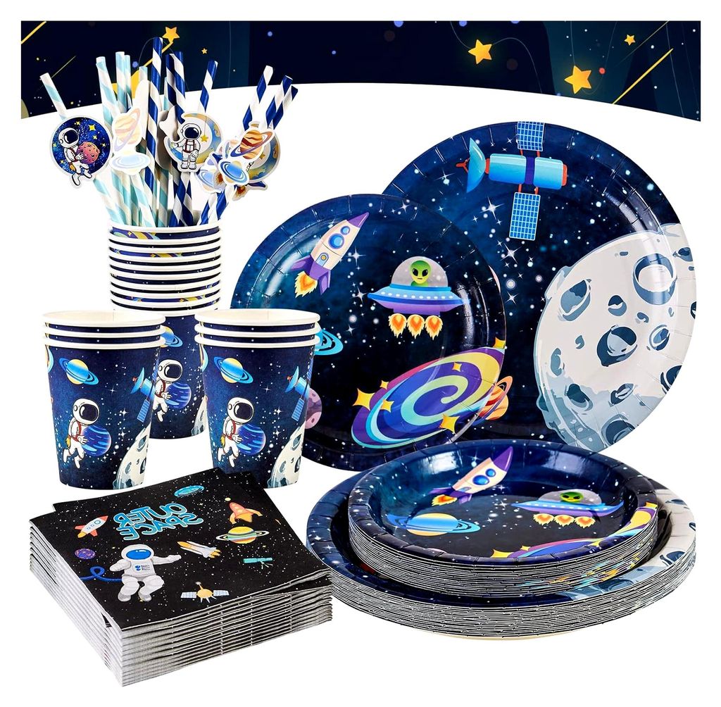 80 Stück Weltraum Partygeschirr SET – Stabile Pappteller & Becher für Kindergeburtstagsdeko – Weltraum-Thema mit Raketen, Planeten & Astronau...