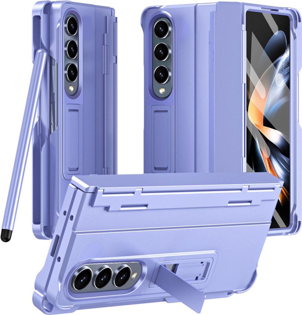 Handyhülle für Samsung Galaxy Z Fold 3 5G mit Pen, Scharnierschutz Hart Robuste Stoßfest Hülle mit Displayschutzfolie Lila