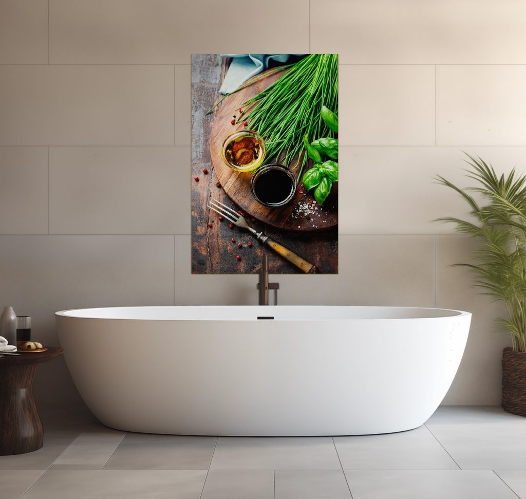 Wallario wasserfestes Poster selbstklebend 91,50 x 61 cm, Kräuter, Öle und Gewürze auf einem Holzbrett, Badezimmerposter Spritzschutz mit Hochgl...