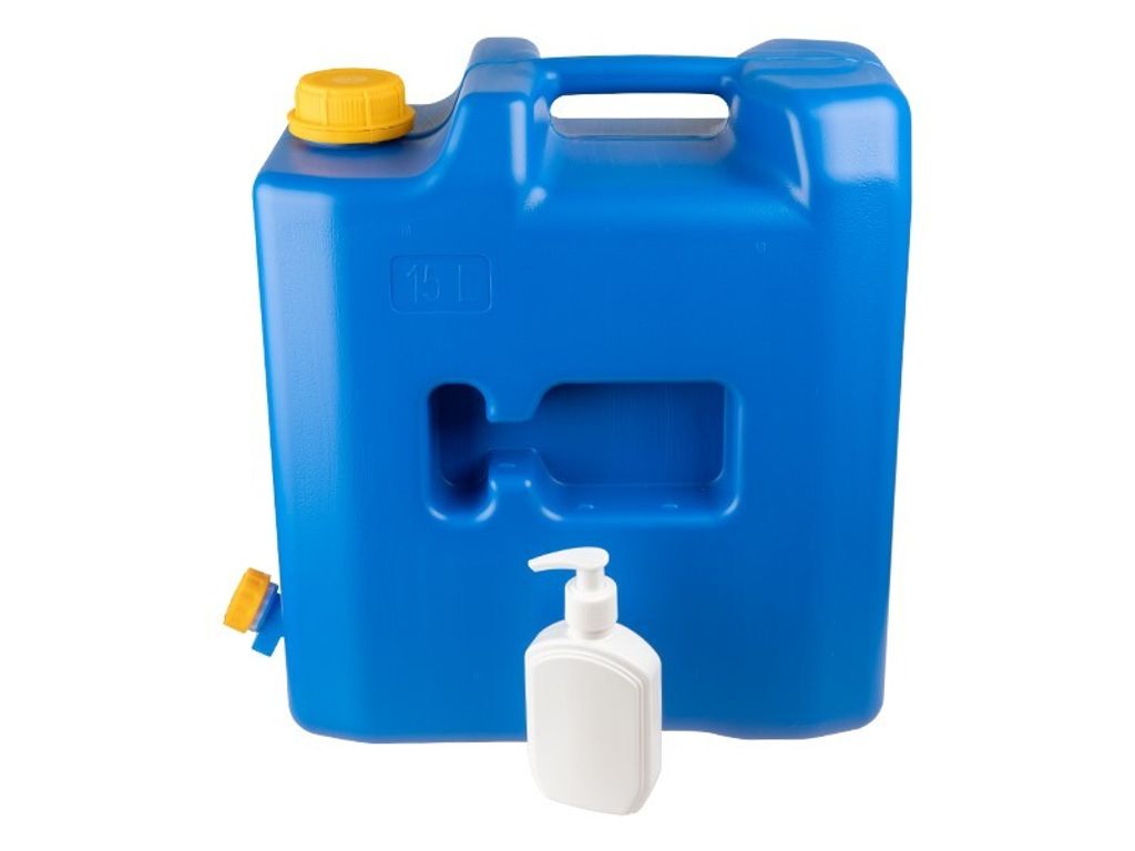 15-Liter-Wasserbehälter mit Kunststoffventil + Seifen- oder Desinfektionsmittelspender