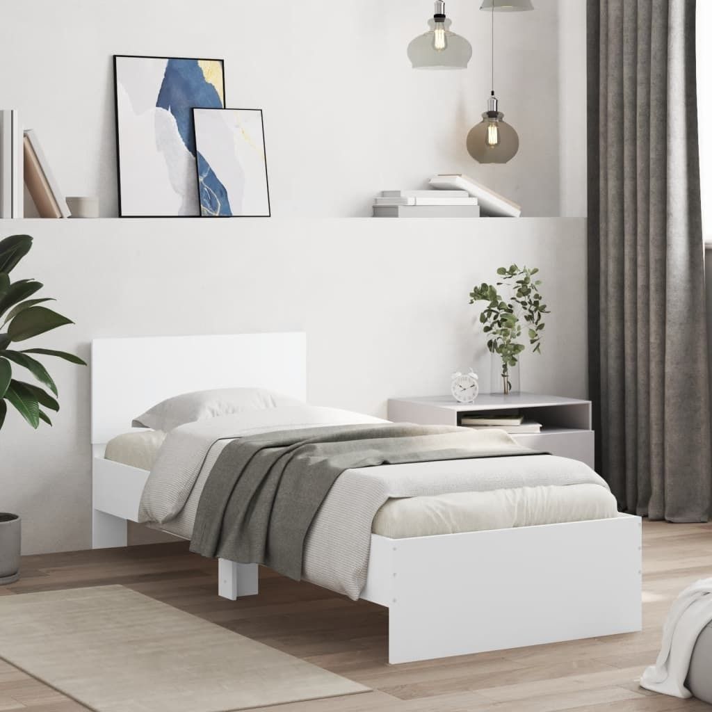 "Rabatt 2026" Bettgestell - Einzelbett - mit Lattenrost - mit Kopfteil und LED-Leuchten Weiß 90x200cm - Klassische Betten langlebig9836