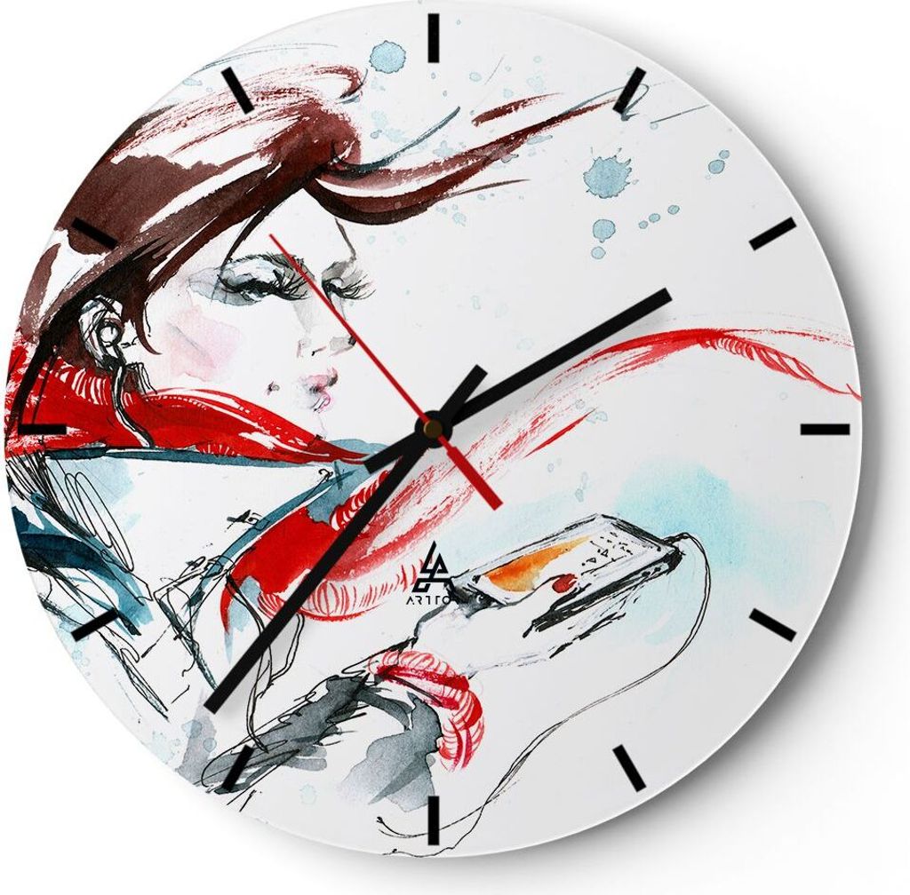 Wanduhr - Rund - Glasuhr - Frau Schal Telefon Illustration - 30x30cm - Schleichendes Uhrwerk - Lautlos - zum Aufhängen bereit - Dekoration Modern ...