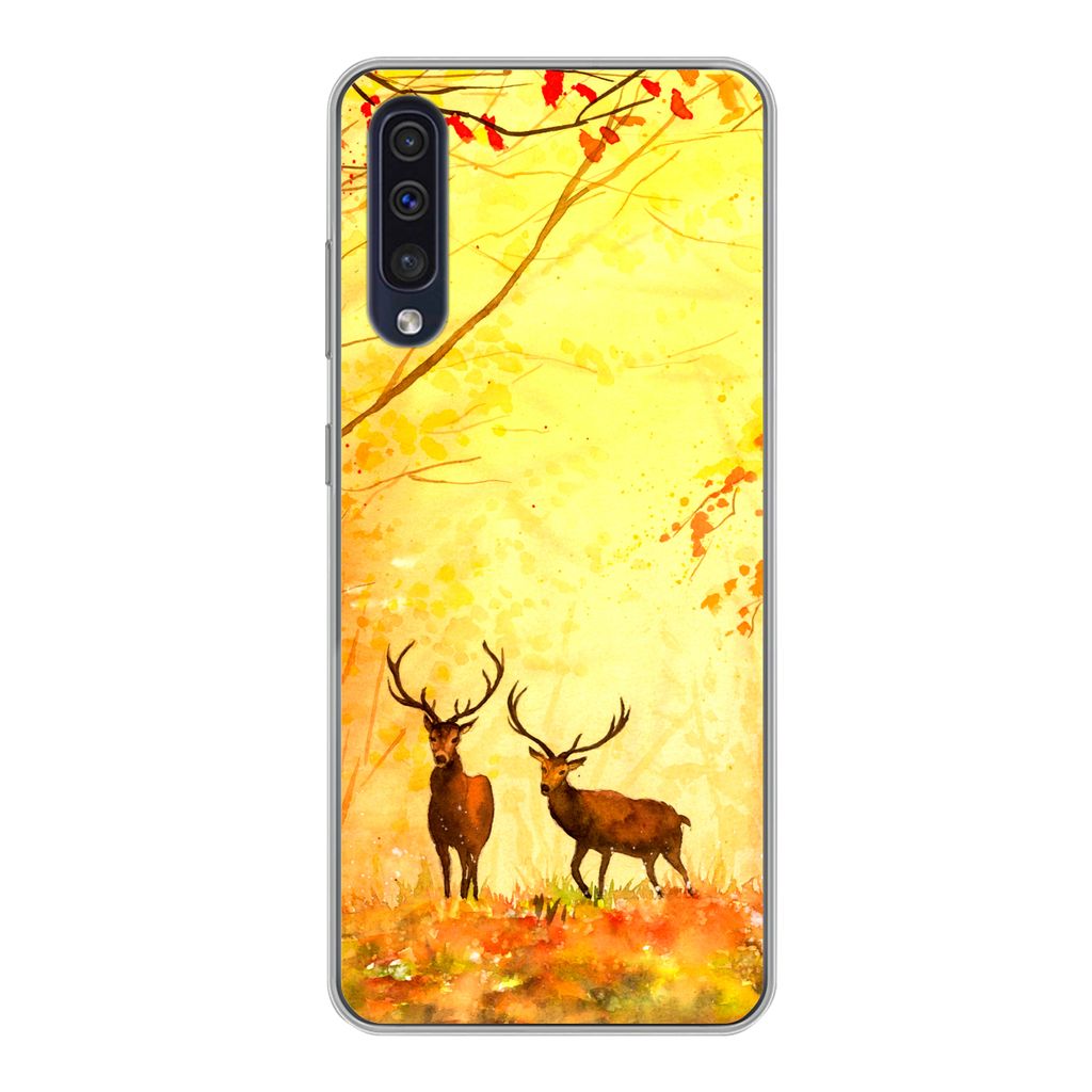 MuchoWow Handyhülle Schutzhülle Hülle für Samsung Galaxy A30s Natur - Ölfarbe - Hirsche - Tiere - Herbst - Orange Silikon Softcase Handy Hü...