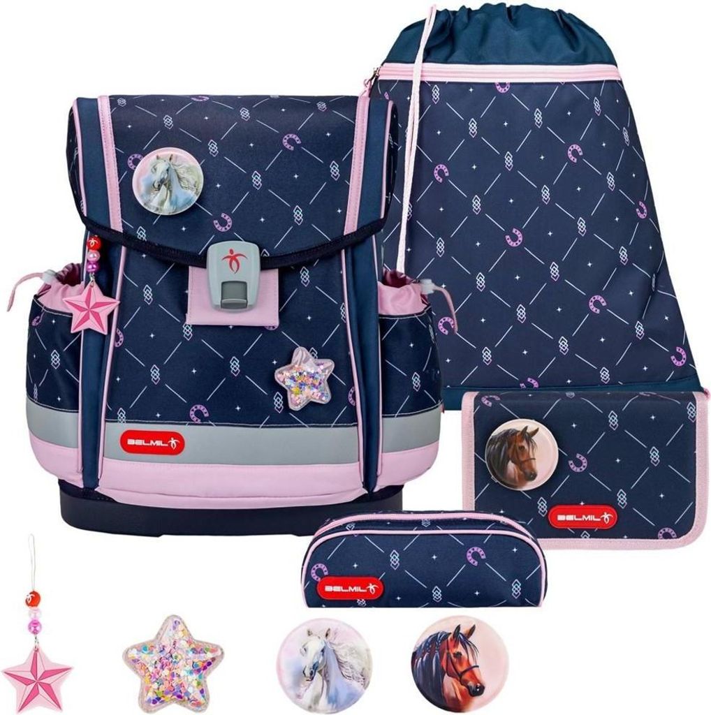 Belmil Classy Plus ergonomisches Schulranzen-Set 5-teilig "Midnight Gallop" mit Brustgurt, Magnetverschluss, Patch Set 3 Stück