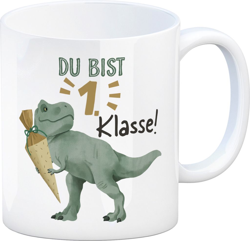 Dino mit Schultüte Kaffeebecher mit Spruch Du bist 1. Klasse!