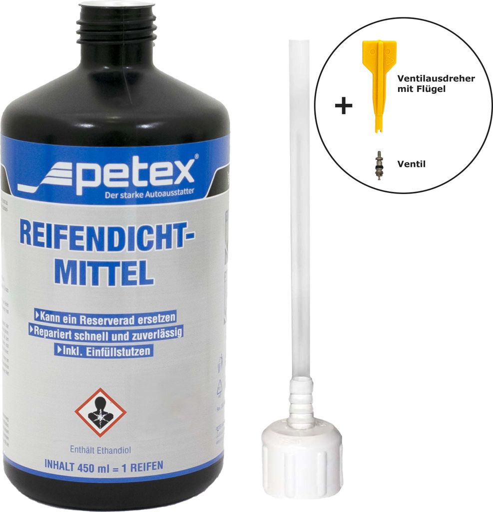 Reifendichtmittel 450ml & Einfülldeckel, Ventilausdreher, Ersatzventil von PETEX
