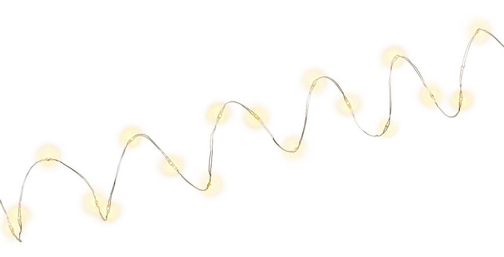 A string of silver wire with small yellow LED lights is shown against a white background.