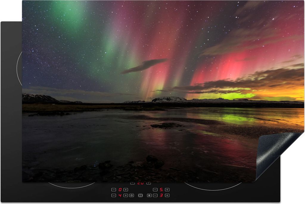 KitchenYeah Herdabdeckplatte Nordlichter - Island - Farben , 80x52cm, Küche Deko, Glaskeramikfeld Herdabdeckung, Abdeckplatte fùr Kochfeld