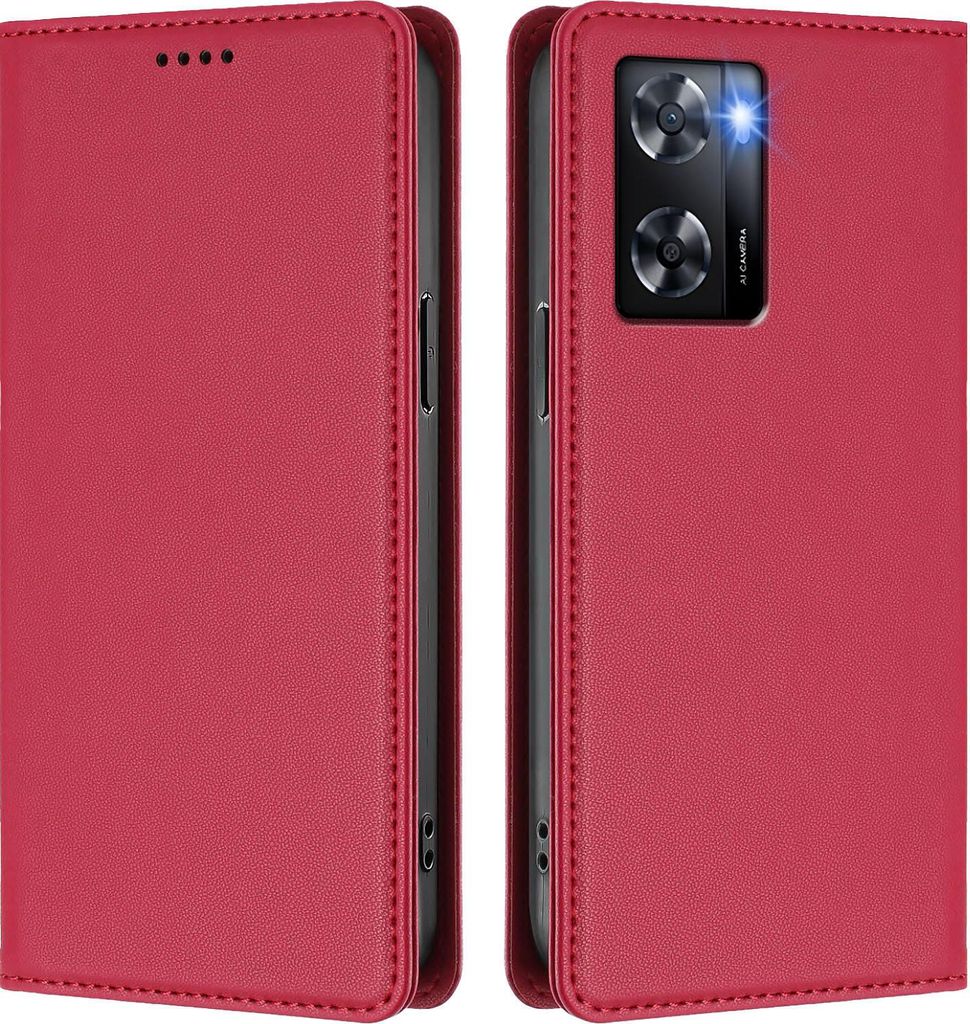 Handyhülle für Oppo A57e/A57s/A57 4G/A77s/A77 4G, Kunstleder Klapphülle Stoßfeste Magnetische Hülle mit Ständer Rot