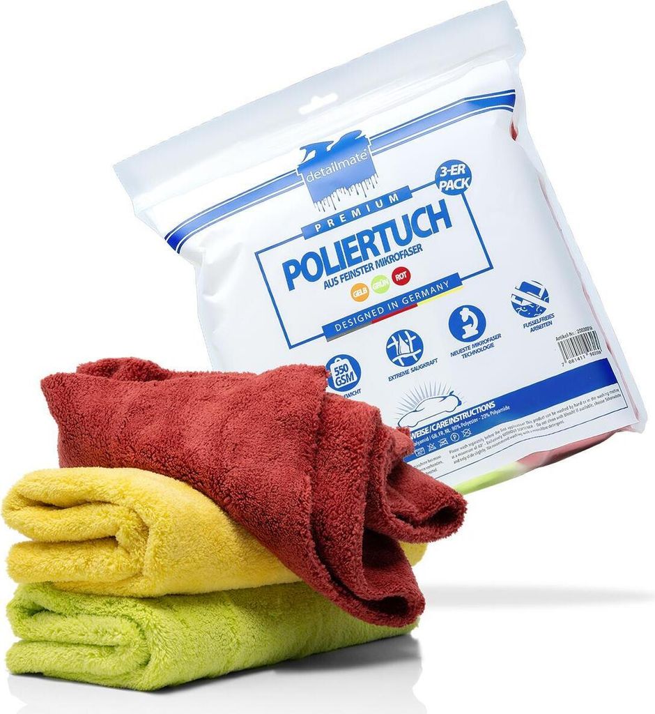 detailmate 3er Pack Auto Poliertuch - 550 GSM, 40x40cm - 3x Mikrofasertuch