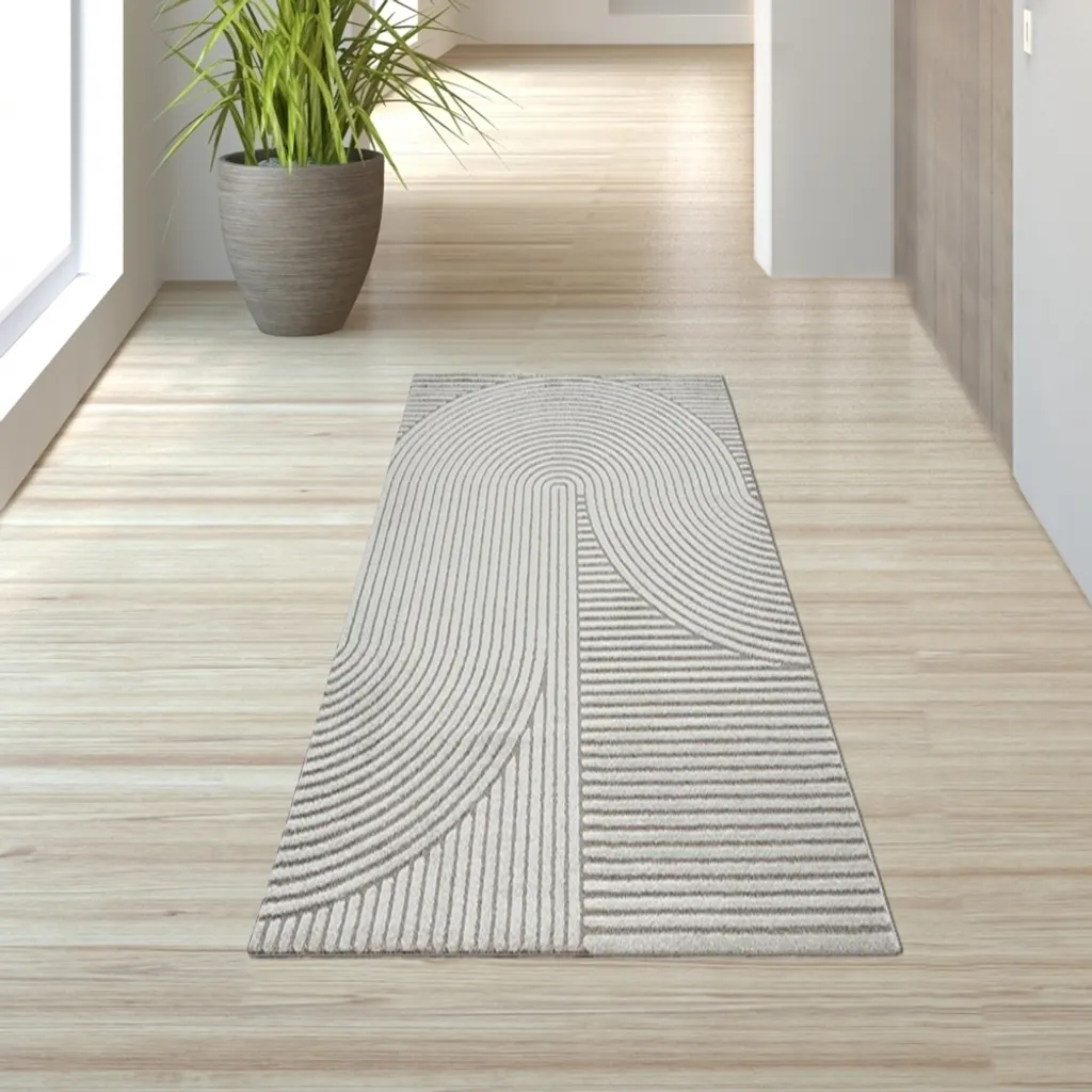 Tapis de chambre gris 80 x 150 cm design géométrique arcs et lignes
