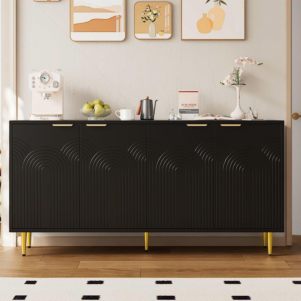 Merax Anrichte Sideboard Wohnzimmer, Kommode mit 4 Textur Türen, goldene Griffe & Hochglanzbeine, küche Schrank, Schwarz