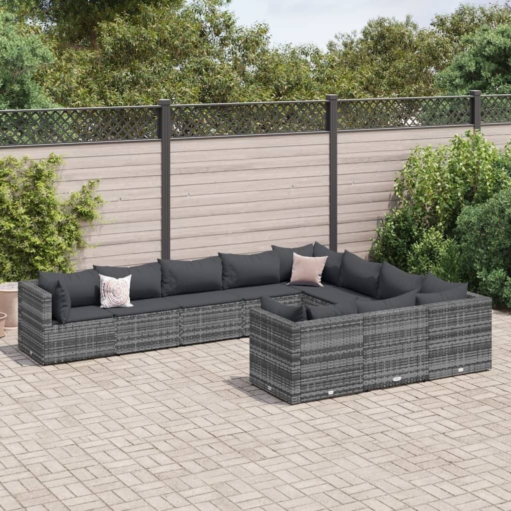 Langlebige 10-tlg. Garten-Sofagarnitur mit Kissen Grau Poly Rattan Gartenmöbel Sitzgarnitur Möbel5884483