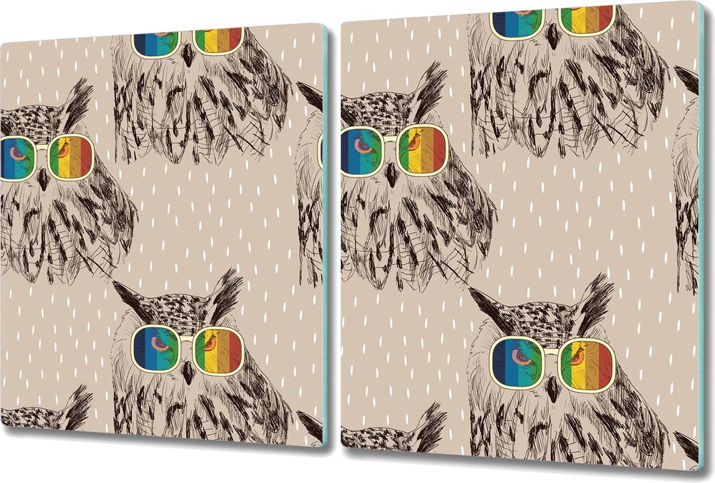 Glas Schneidebrett Herdabdeckplatten Schneideplatten - 2x 40x52 cm - Eulen mit Brille