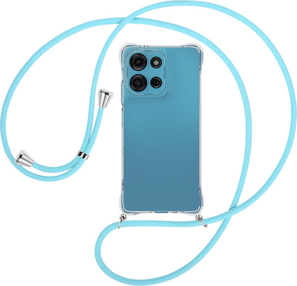 Handykette Backcover-Schutzhülle mit Band (Metall silberfarben) für Motorola Moto G75 5G - himmelblau