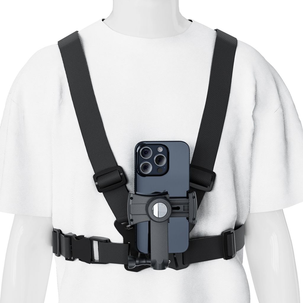 A mannequin wearing a white t-shirt and a black chest harness with a smartphone attached.