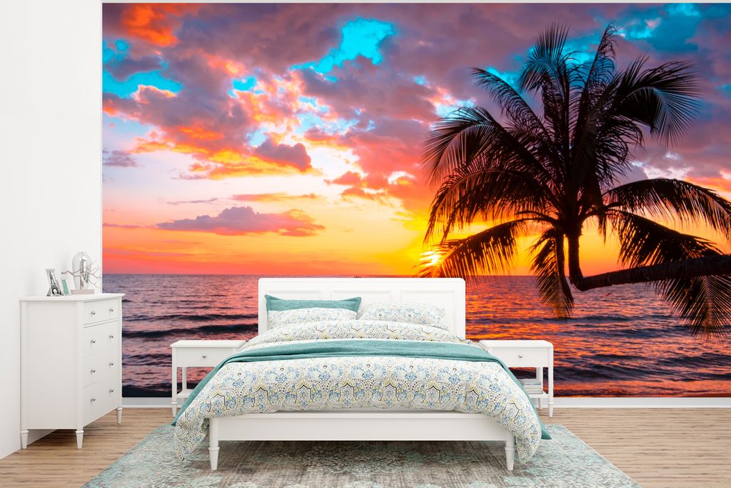 MuchoWow Fototapete für Wohnzimmer oder Schlafzimmer Wandtapete Vinyl Motivtapete Palme - Sonnenuntergang - Strand - Meer - Horizont - 400x300 c...