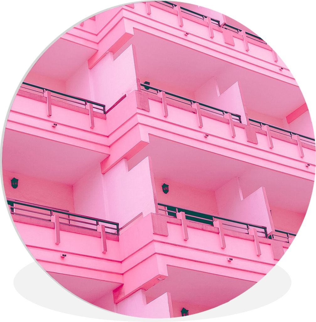 MuchoWow Rundes Wandbild - Runde Bilder Balkon - Sommer - Rosa - Architektur Ø 90 cm Kreis Wanddekoration Kunststoff - Wandkreis - Wandschmuck -...