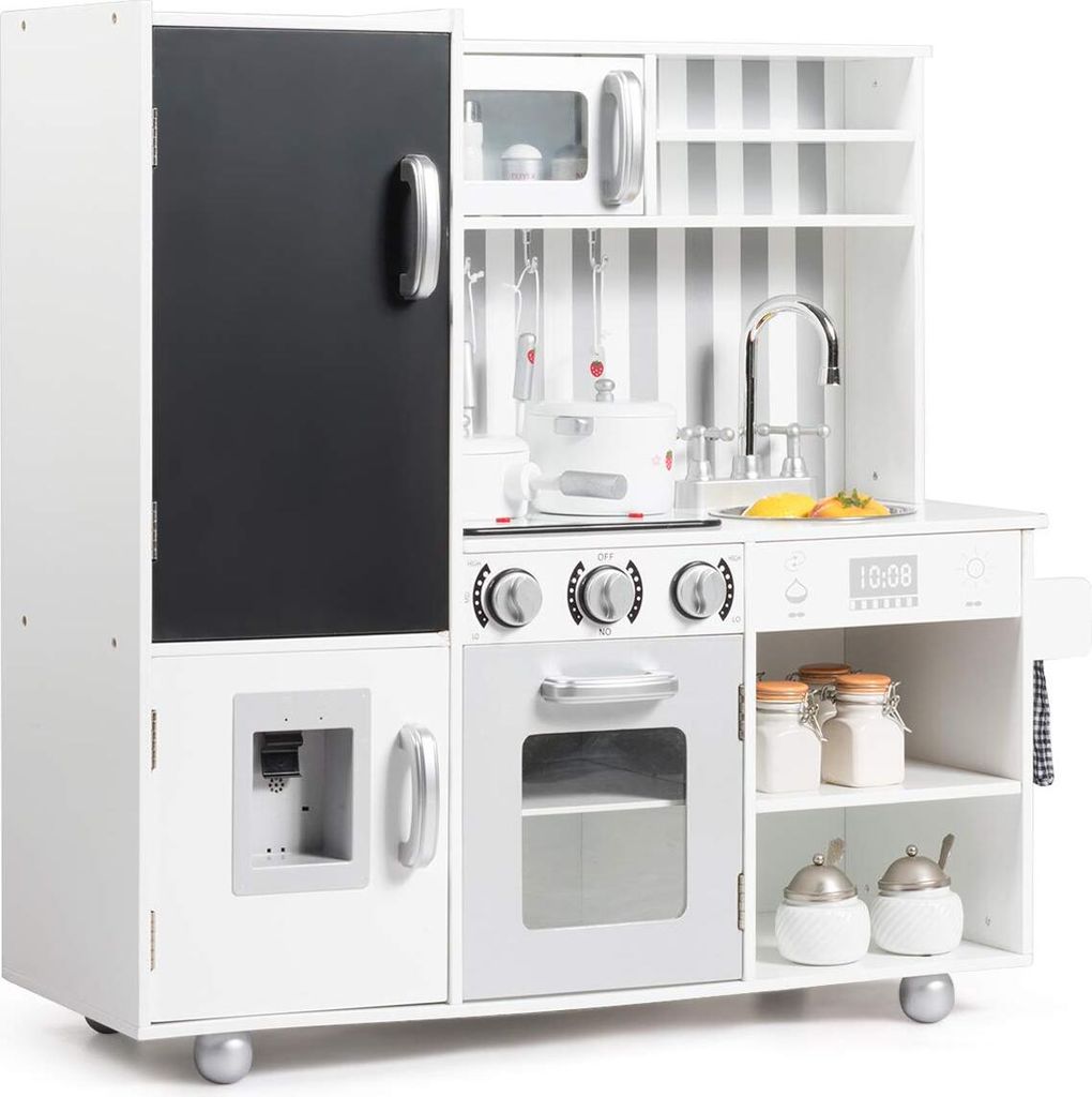 GOPLUS Kinderküche aus Holz, Realistische Spielzeugküche mit Kochgeräuschen, Tafel, Abnehmbarer Spüle, Herd & Backofen, Weiße Spielküche mit ...