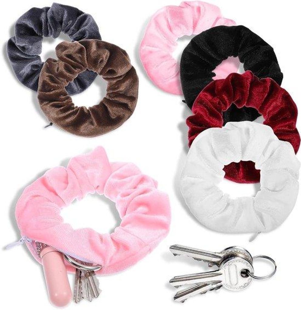 Set aus 6 weichen Scrunchies mit Reißverschluss - Elastische Haarreifen für Mädchen - Strandgadget - Reisehaargadget - Geldverstoppung - Haargad...