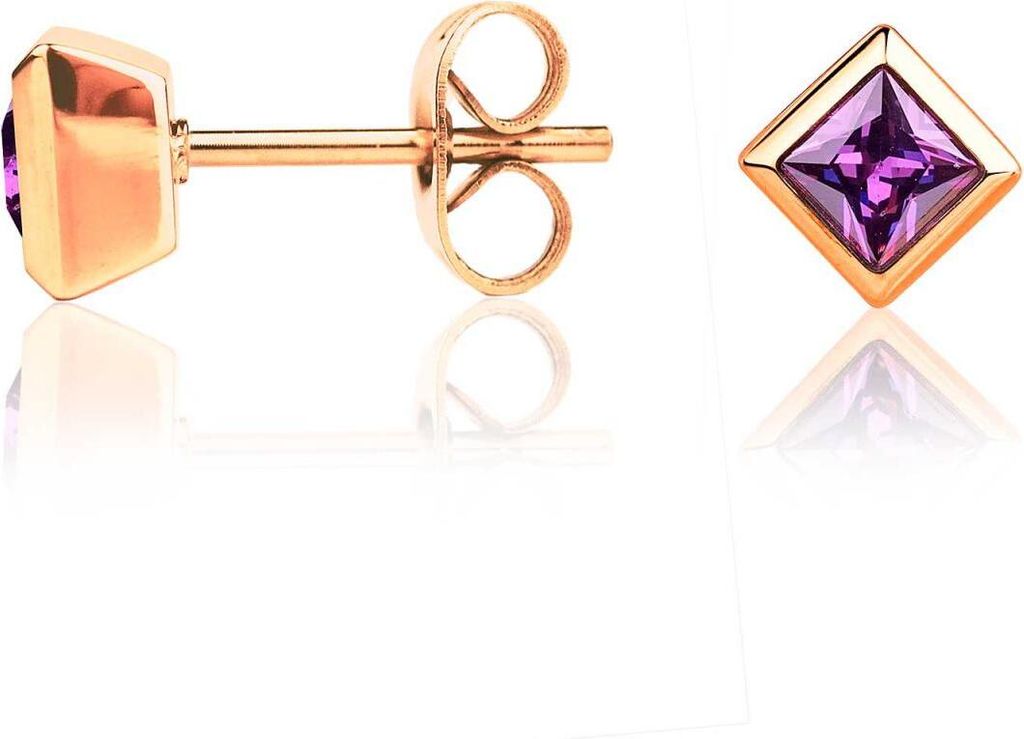 Edelstahl Ohrstecker gelbvergoldet oder rosévergoldet mit quadratischem Kristallstein Material - Rosévergoldet Farbe - Lila
