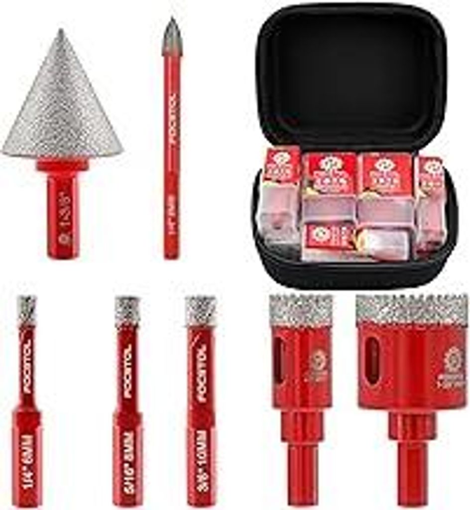 FOCSTOL Diamant Fliesenbohrer Set - 7 Stück (6/8/10/20/35mm+35mm Fasenbohrer+6mm Hartmetallbohrer) Diamant Lochsäge Set mit DreikantSchaft für P...