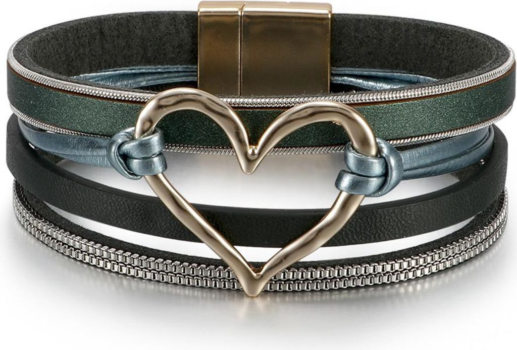 Mehrlagiges Lederarmband mit einem Boho-Herz in Grün Produktbild 