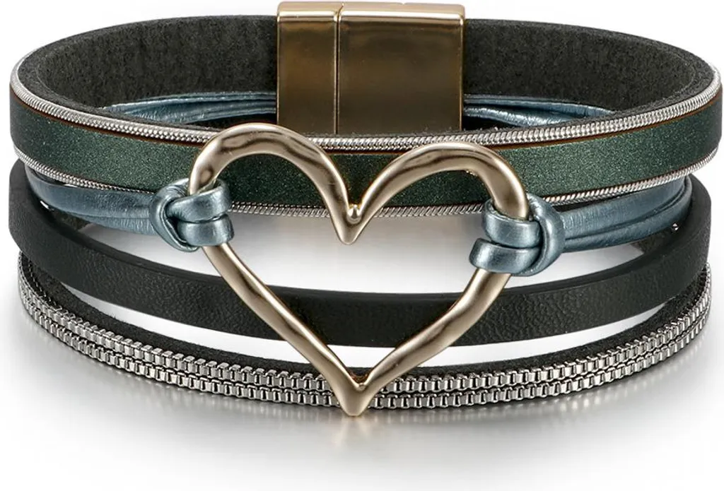 Manchette en cuir multicouche bohème et cœur vert émeraude pour femme