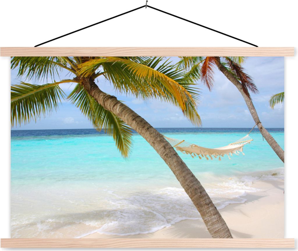 MuchoWow Textilposter Meer - Palme - Hängematte 120x80 cm mit holzfarbenen Rahmen - Aufhängeset