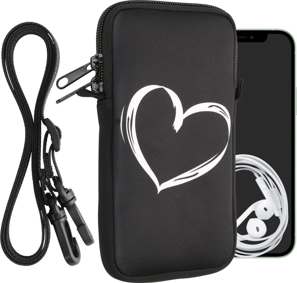 kwmobile Handytasche für Smartphones XL - 6,7/6,8" - Neopren Handy Hülle Weiß Schwarz - Handy Tasche mit Kette 17,2 x 8,4 cm Innenmaße - Herz B...