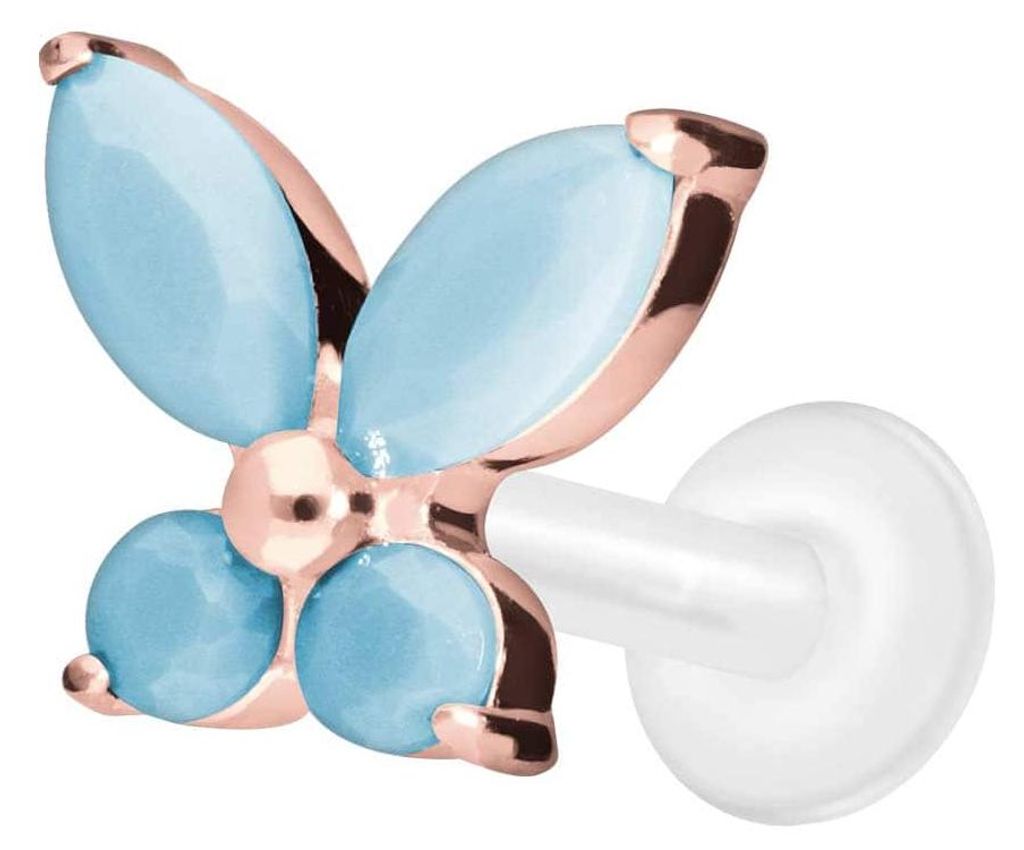 Ohrpiercing, Nasenpiercing PTFE Labret mit Innengewinde + Titan-Aufsatz SCHMETTERLING+SYNTHETISCHE TÜRKISE RoséGold Stablänge: 10mm | Stabstärk...