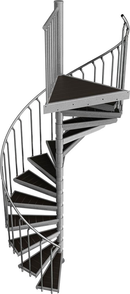 Spindeltreppe Ø 130 cm | Höhen: 252-269 cm | 13 Stufen, ein Podest | WPC-Stufenbelag, Feuerverzinkt