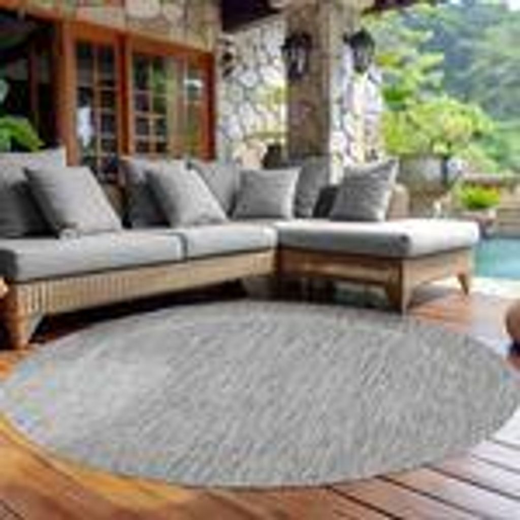Outdoor Teppich Einfarbig Wetterfest Terasse Balkon Garten Küchenteppich Flachgewebe Sisal Optik, Größe: 120 cm Rund, Farbe: Silber