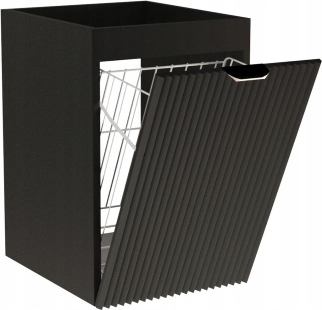 WENA Badezimmerschrank 40 cm, mit Wäschekorb, geriffelte Fronten, Griffe aus Metall in der Farbe Gold Willy (Farbe: Schwarz)