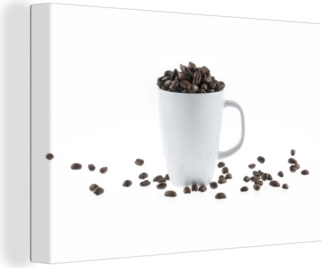 OneMillionCanvasses - Leinwandbilder - 140x90 cm, Eine weiße Kaffeetasse, gefüllt mit Kaffeebohnen, Wandbilder Kunstdruck Wanddekoration - Foto...