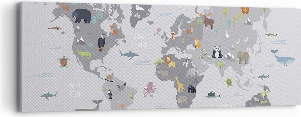 Bild auf Leinwand - Leinwandbild - Einteilig - Karte die Welt Kontinente - 90x30cm - Wand Bild - Wanddeko - Wandbilder - Leinwanddruck - Bilder - W...